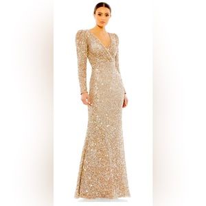 NWT Puff Shoulder Sequined Surplice Gown Dress Shimmering Gold Size 8
